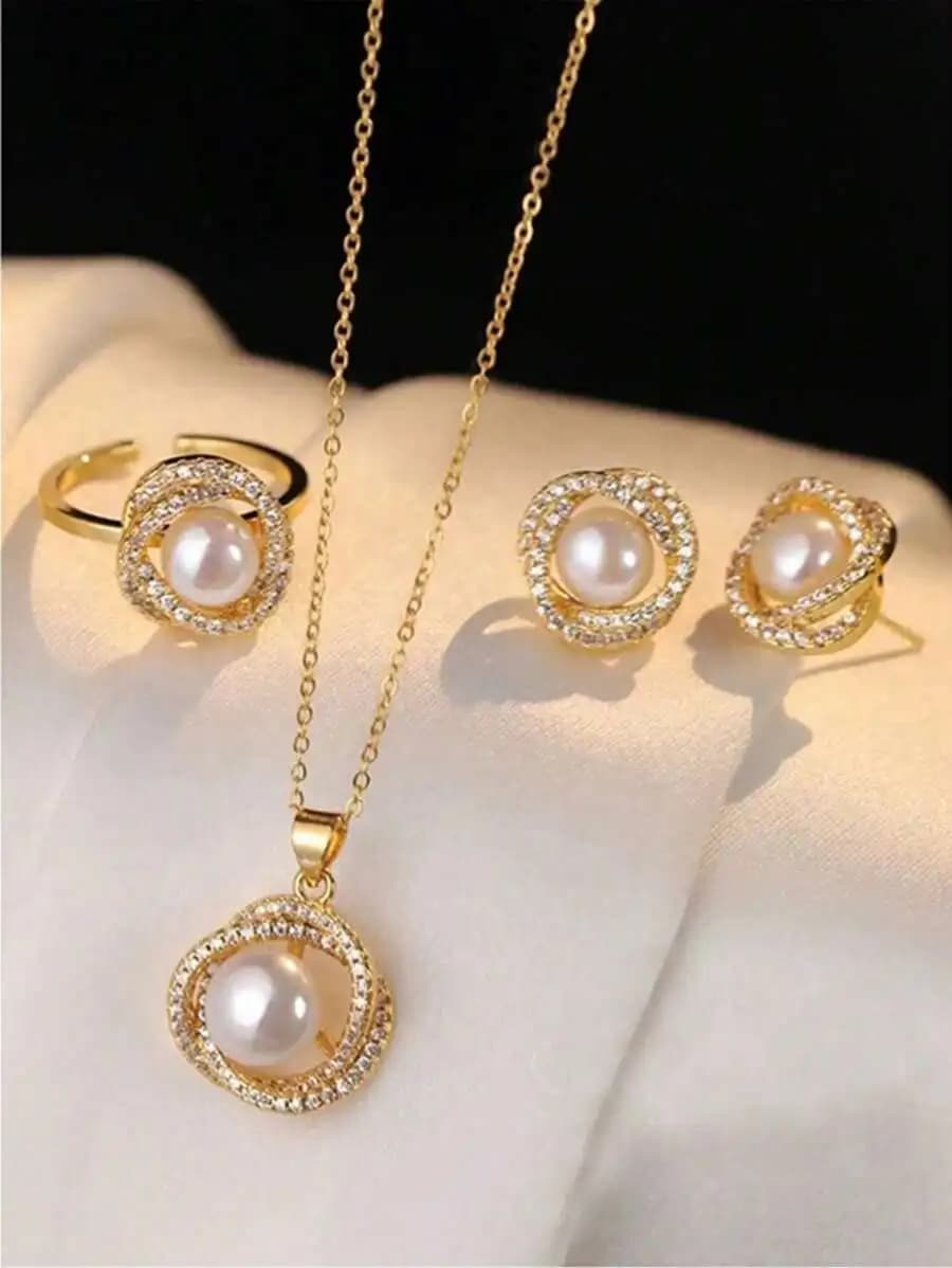 Set di gioielli in acciaio inossidabile da 4 pezzi con perle finte e cristalli per donna, collana, orecchini e anello vintage eleganti