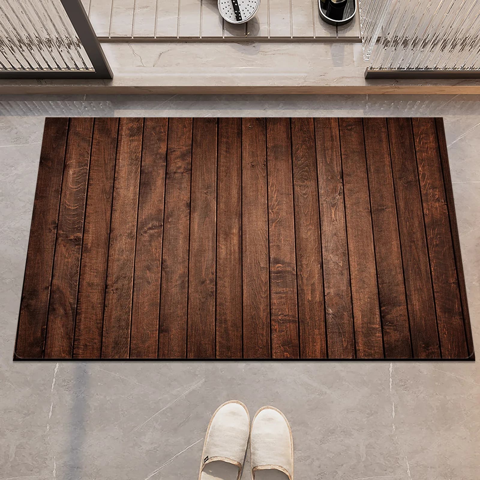 VIKAMA Tappetino in venature del legno in stile country, tappeto per porta d'ingresso del bagno, decorazione domestica antiscivolo e ad asciugatura rapida