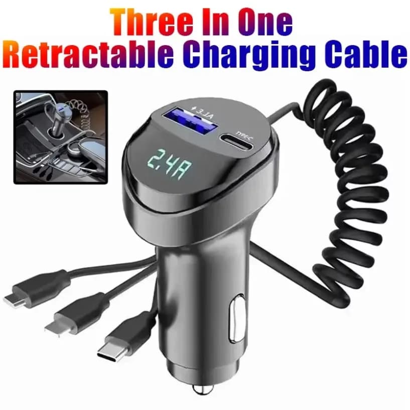 Bluetooth smartphone charger for 2 port 3.1A USB car with voltage display USB retractable charging cable for car 3 in 1 Quick charging