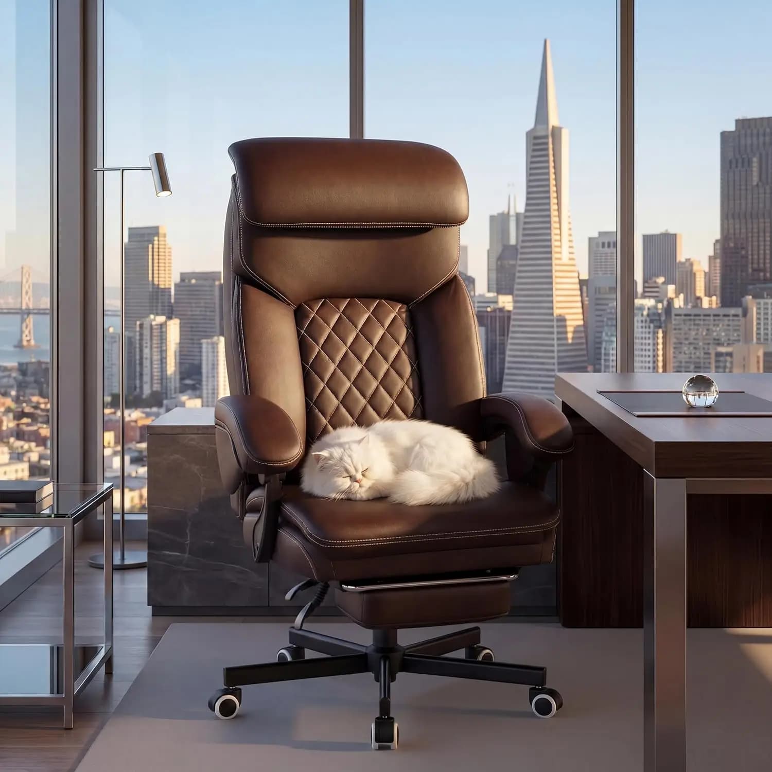 Sedia da Ufficio Ergonomica Direzionale Grande e Alta, Comoda, Reclinabile, in Pelle, con Poggiapiedi e Supporto Lombare, per Home Office, Personalizzabile