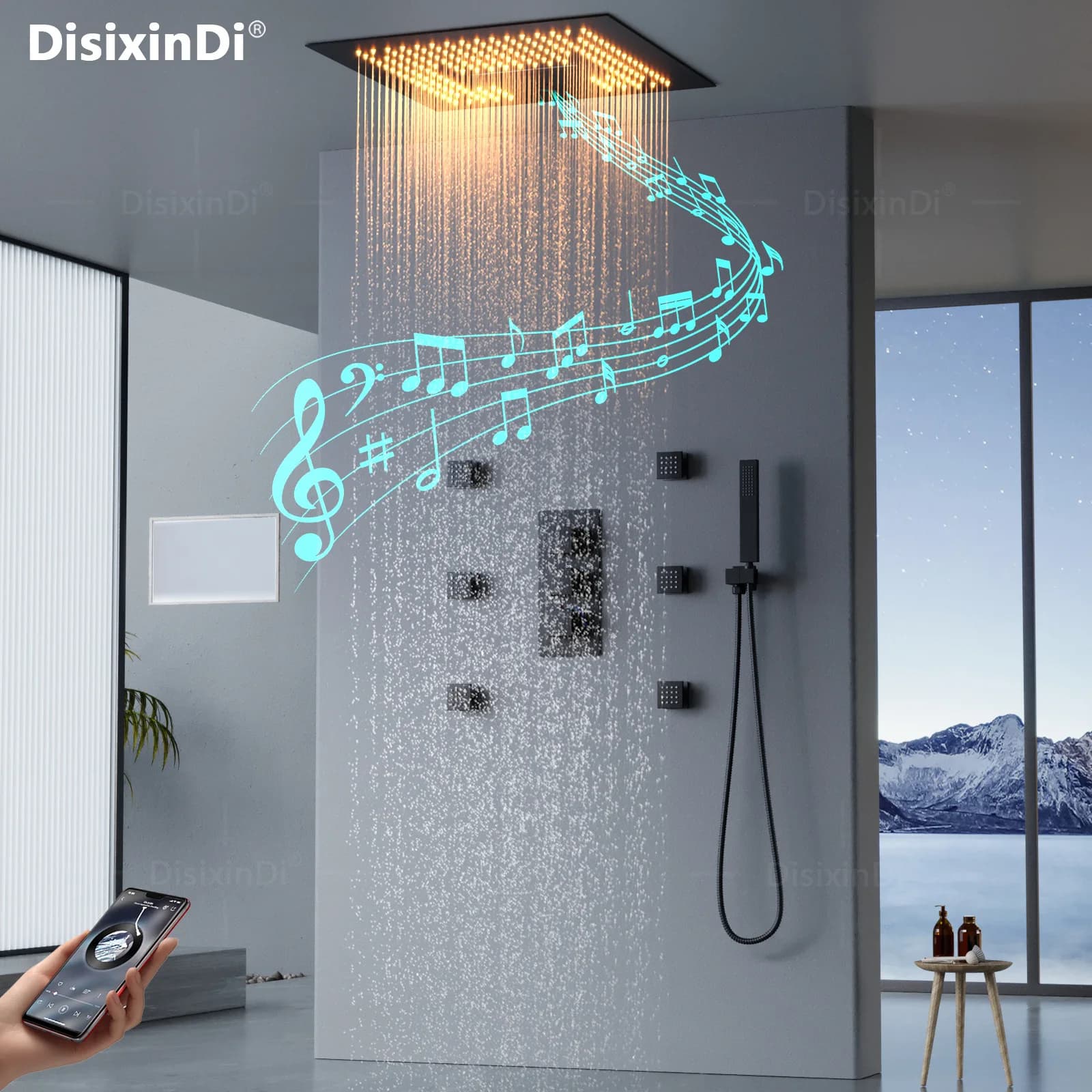 Bluetooth concealed shower head with constant temperature jet mounted double function LED wall for bathroom
