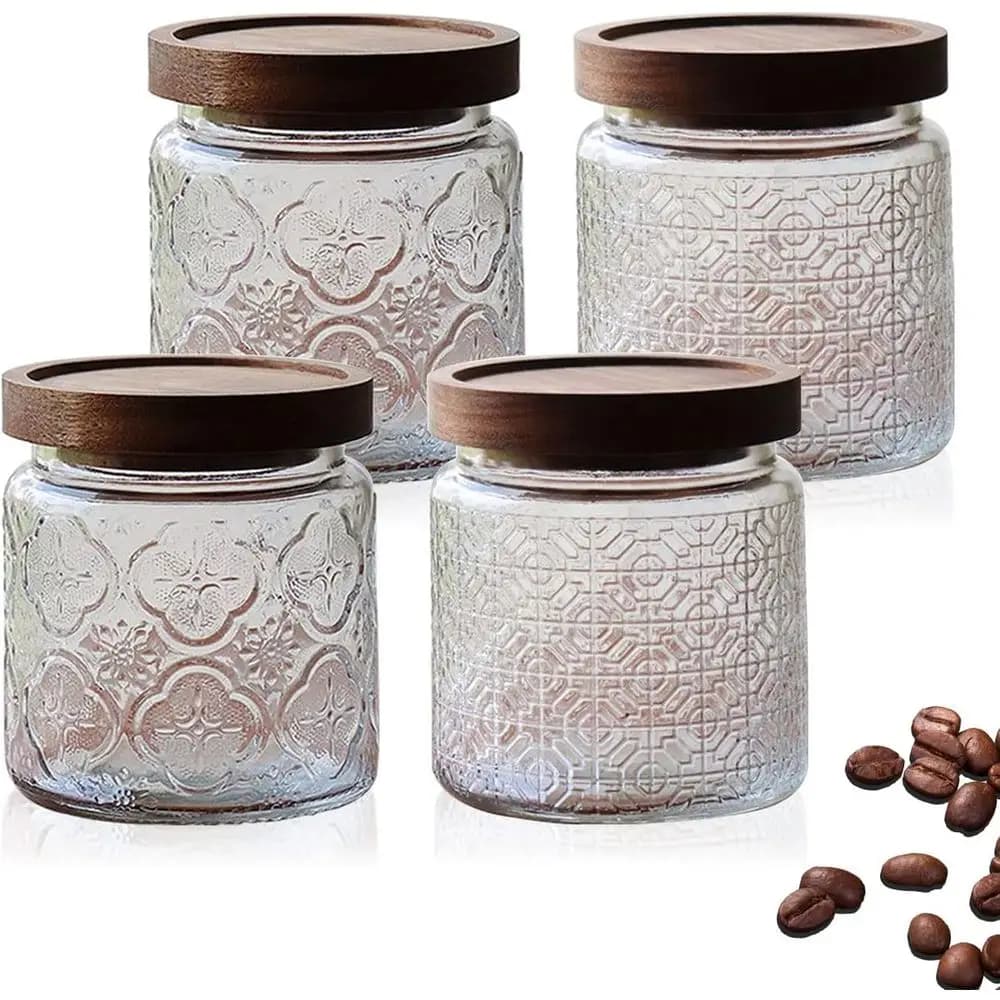 Set di 4 Contenitori Ermetici in Vetro Trasparente con Coperchi in Legno - Barattoli Quadrati da 450ml per Snack, Spezie e Altro