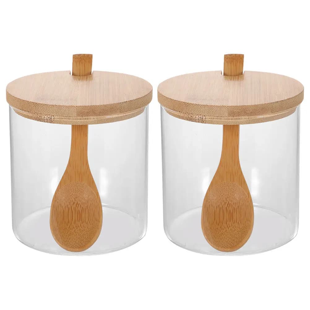 2Sets Clear Glass Spice Storage Jars Bamboo Lids Salt Sugar Container Kitchen Condiment Holder with Spoon Set Salt Jar