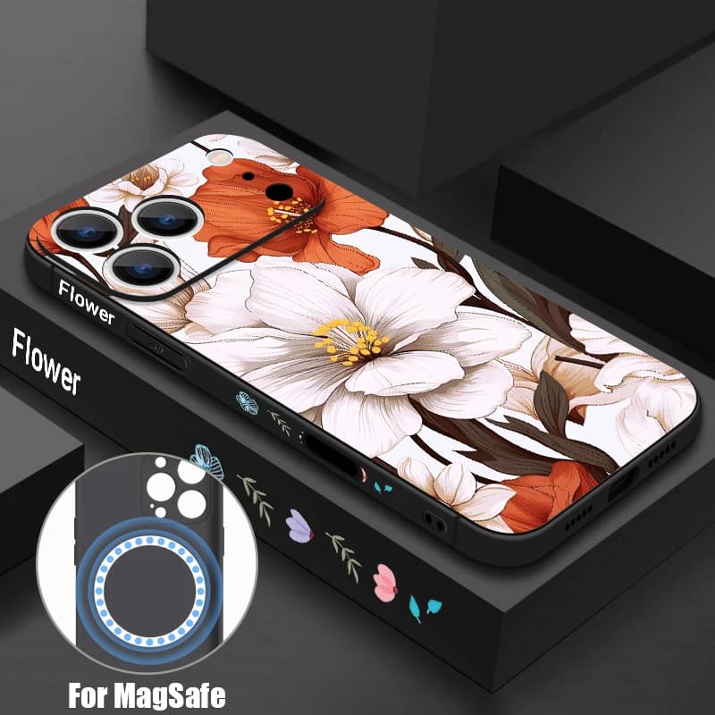 Cover Morbida Magnetica con Motivo Fiore di Ibisco per iPhone 17e 17 16 15 14 13 Pro Max 16e 13, Compatibile con Ricarica Wireless MagSafe