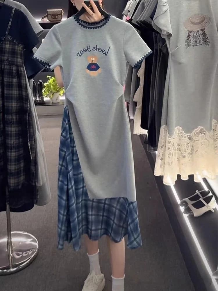 Elegant Bear Patchwork Embroidery Dress Women's Summer New Style Lightweight Luxury Commute Simple Skirt Casual Korean Fashion