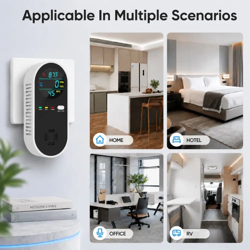 4 in 1 LED Display Gas Detector Safety Alarm Multi-functional Carbon Monoxide Detector Plug In Air Quality Meters Basement