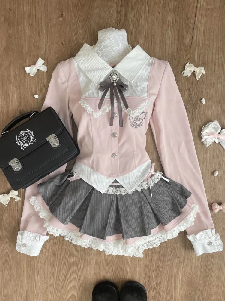 Spring Y2K Princess Dresses Woman Set of 2 Pieces Sweet Kawai Top with bow + Lace Pleated skirt Preppy style dresses retro chic female