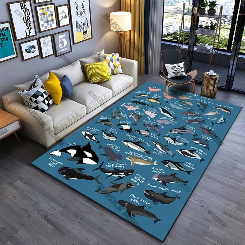 Diverse dolphin species illustrated carpet Yoga living room room decor children's crawling mat doormat area rug games mat