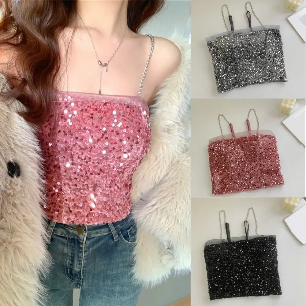 Top corto alla moda Gilet con paillettes lucide Camicia con fondo dolce bling Party Canotta senza maniche sottile Stile ragazza piccante
