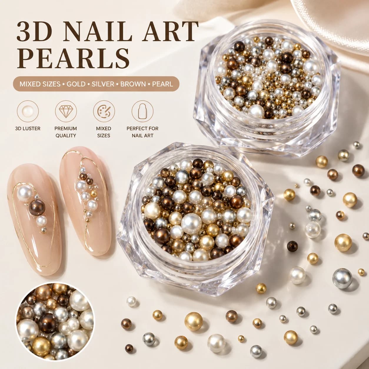 Pearl Mixed Nails Art Rhinestones 3D Luxury Round Pearl Beads Jewelry Nails Accessories For Manicure Decoration Supplies Tools