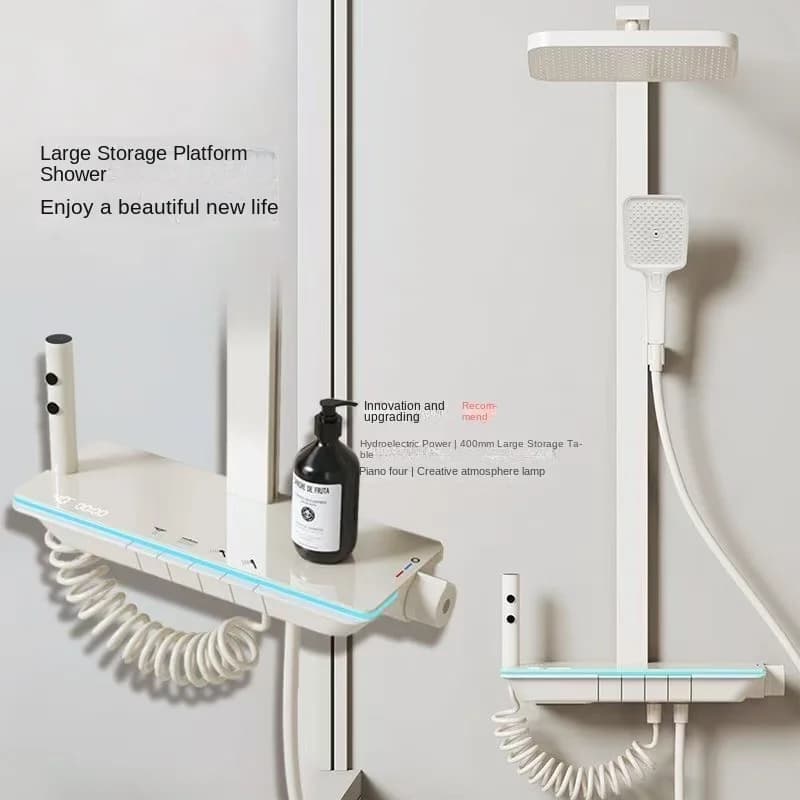 Set soffione doccia digitale intelligente a temperatura costante, grande piattaforma di stoccaggio da 40 cm, luce ambientale a LED con corpo interamente in rame