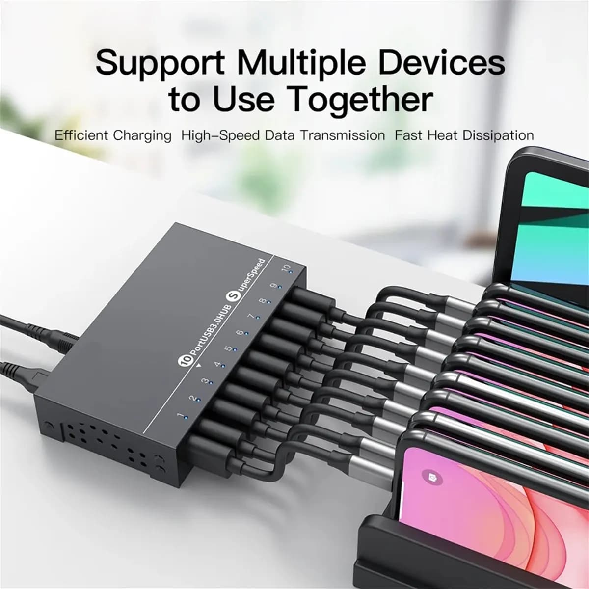 A85P Metal 10 Port USB3.0 High Speed Data Sync Hub Fast Charger Splitter with 12V5A Power Adapter for Phone Tablet US Plug