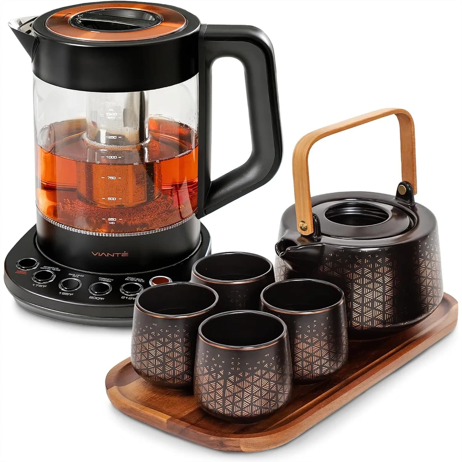 Electric Kettle with Infuser, 1.5L Borosilicate Glass Teapot Set, 4 Ceramic Cups & Bamboo Tray for Loose Leaf Tea