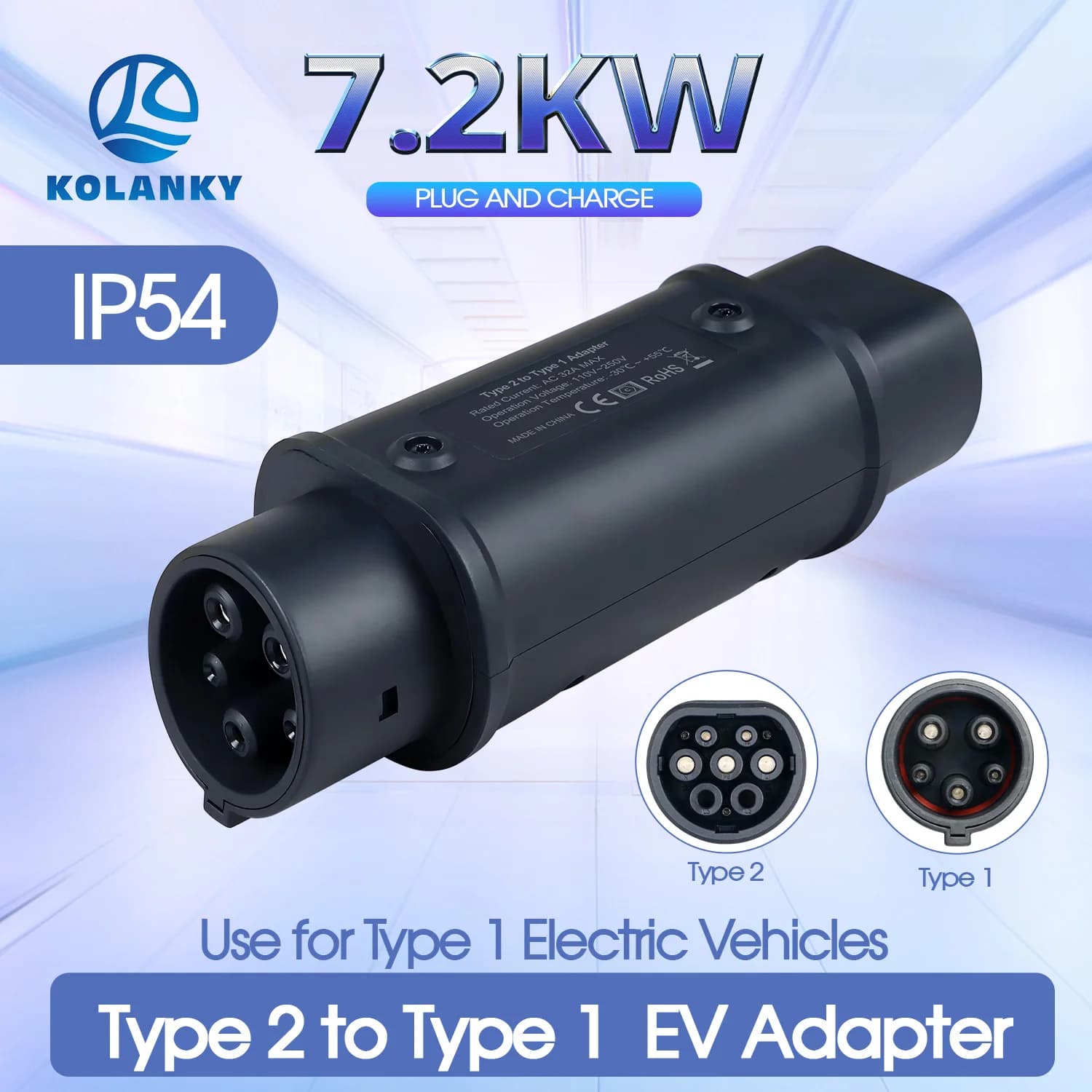 Kolanky EV Charging Adapter 32A 7kw Type 2 to Type 1 For US Electric Vehicle Cars Socket Home Charing Connect Type 2 EV Charger
