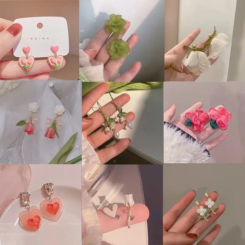 Korean love zircon stud earrings niche earrings women's pearl flower earrings fashion long fringed earrings