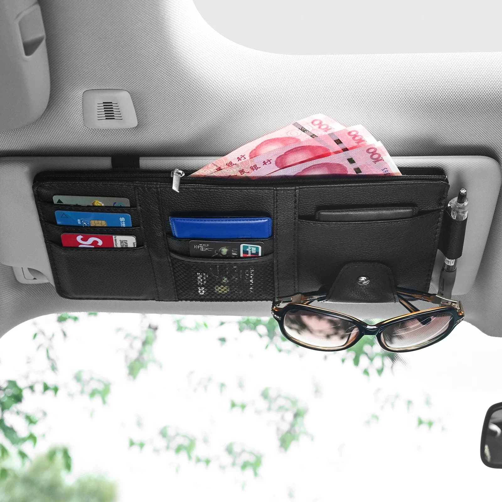 Organizer per Visiera Auto, Porta Penne, Biglietti da Visita, Scatola Portaoggetti, Clip per Occhiali da Sole, Accessori per Auto