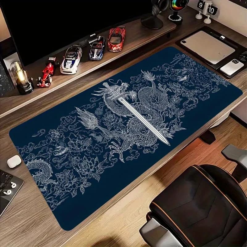 Tappetino per mouse da gioco esteso con motivo a spada di drago, tappetino da scrivania con cuciture di precisione, base in gomma antiscivolo
