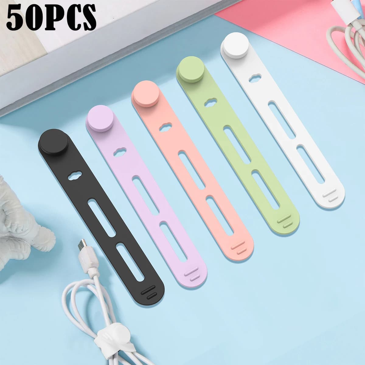 Fascette per cavi in silicone regolabili da 50 pezzi Fascette per cavi riutilizzabili per organizzare il cavo per la linea dati dell'auricolare del mouse del caricatore
