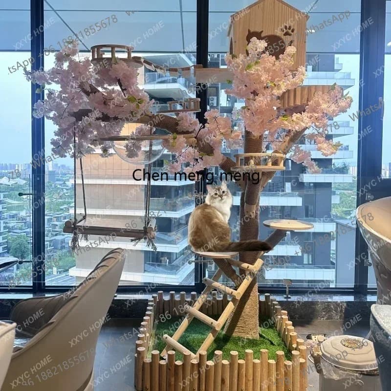 Grande struttura per gatti in legno massello resistente all'usura, albero decorativo per gatti, albero per gatti con cuccia integrata