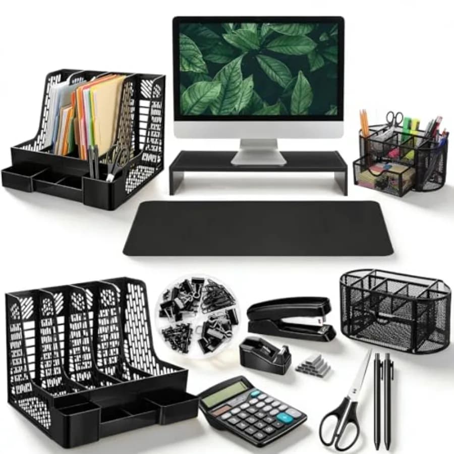 Set di 12 Accessori Organizzatori per Scrivania 12-in-1 con Protezione per Scrivania, Supporto per Computer, Organizzatore per Documenti, Portapenne, Calcolatrice