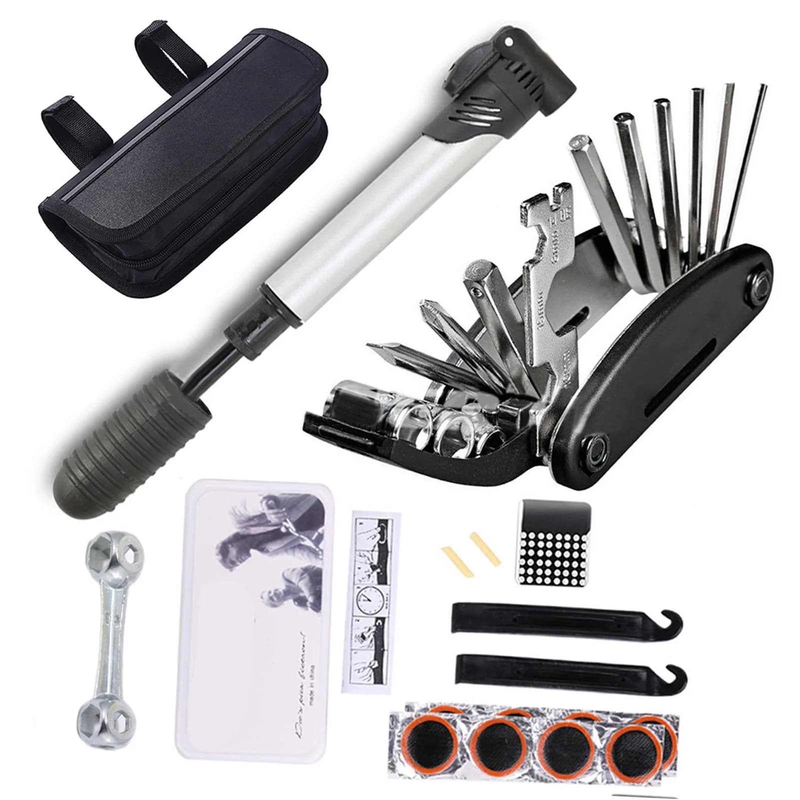 Kit di attrezzi per la riparazione di pneumatici per bici 16 in 1 Kit di attrezzi per biciclette multifunzione con Mini pompa, strumento di riparazione meccanica per cicli con toppa per pneumatici