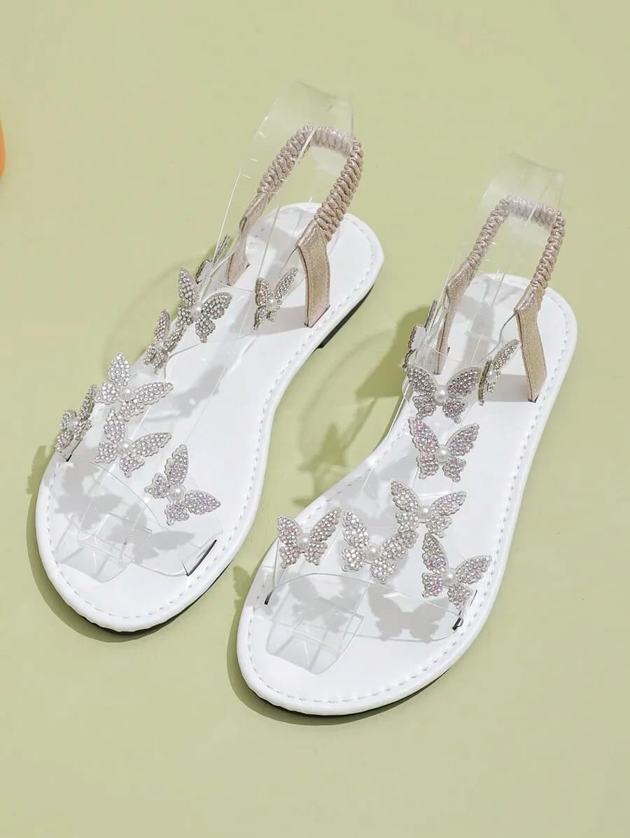 Womens Flat Sandals With Butterfly Rhinestones And Clear Straps Bohemian Style For Party Formal