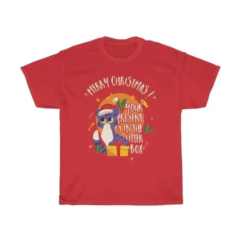 Merry Christmas Your Present Is In The Litter Box Hvy Cotton T Shirt Cat