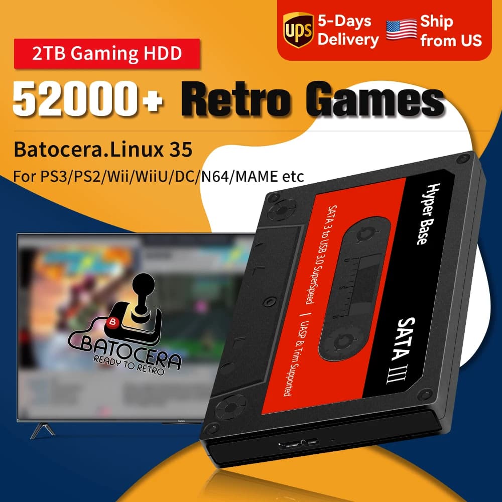 JMachen Gioco HDD esterno 2T Batocera 35 con oltre 52000 giochi per PS3/PS2/Wii/WiiU/DC/N64/MAME/SS Console di gioco per Windows PC/Laplop