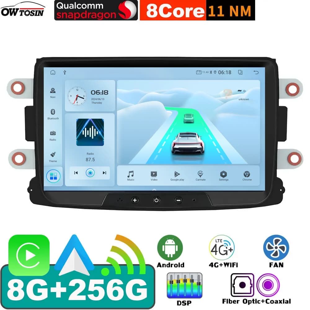 8 "Android 13 QCM6125 2.0GHz 8G + 256G Autoradio Lettore GPS Per Renault Dacia Duster Captur Lodgy Sandero Logan CarPlay Bluetooth