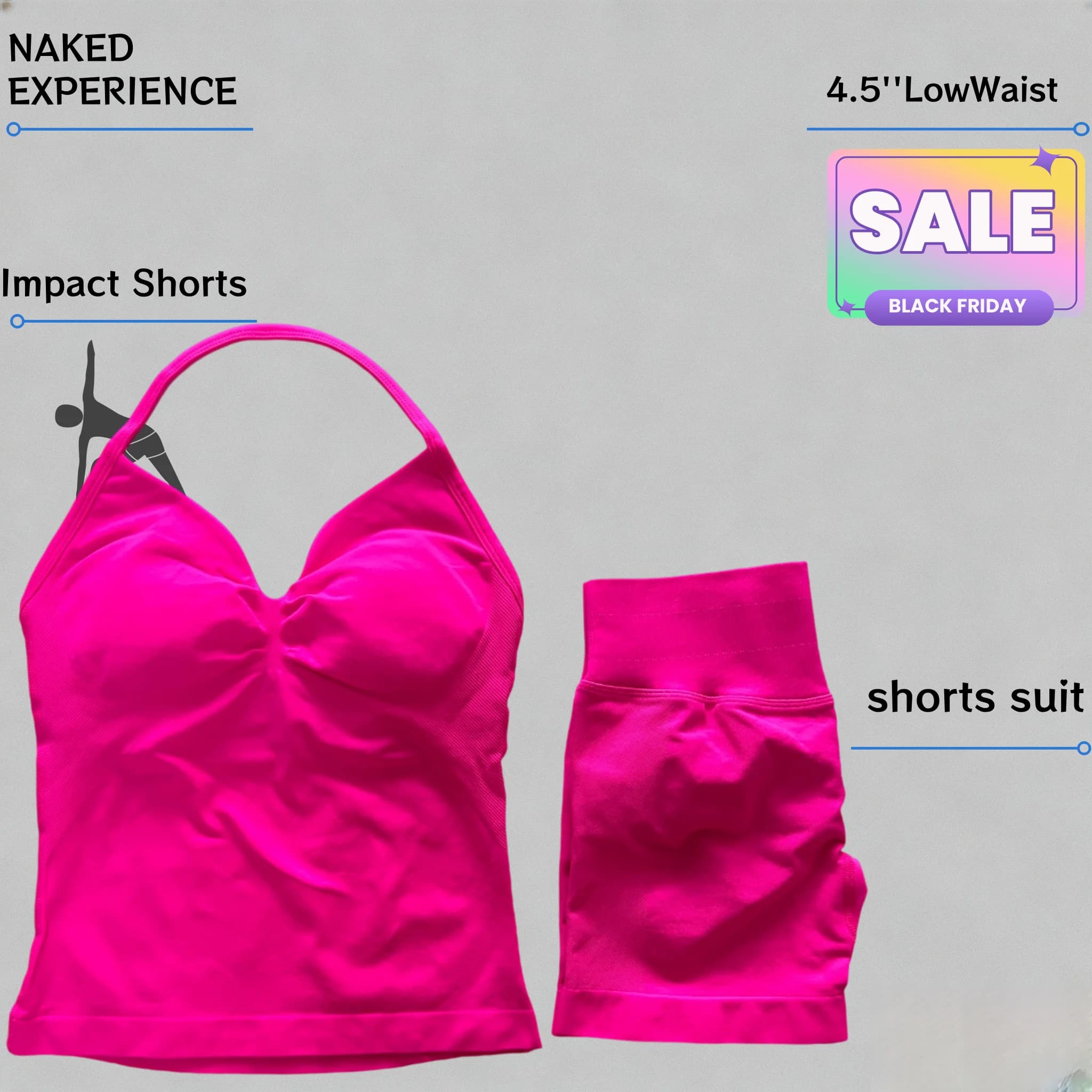 Complete with yoga Impact Women 2 and Set with canoe top and ribbed low waist shorts, elasticized in 4 directions, seamless, for pilates, gym and summer fitness.