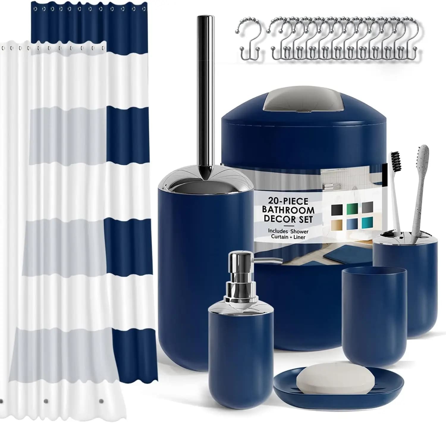 Set di Accessori per Bagno Blu Navy, 20 Pezzi: Tenda Doccia con Rivestimento, Portaspazzolino, Dispenser Sapone, Portasapone, Scopino WC e Cestino