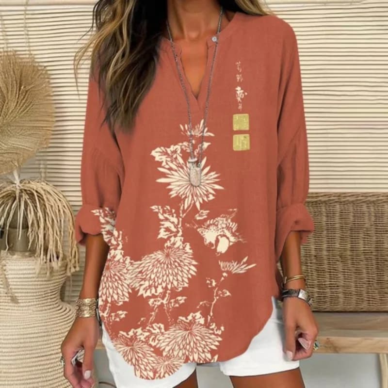 Women's Henley V-Neck Tunic Vintage Chinese Style Chrysanthemum Bird Floral Print Loose 3/4 Sleeve Casual Blouse For Spring