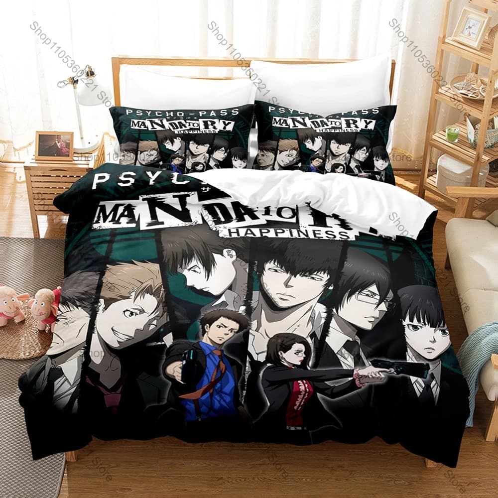 Psycho Pass Fan Merch Duvet Cover + 2 Pillowcases, Stylish Printed Bedding Set Comfortable for Anime Lovers Room Decoration