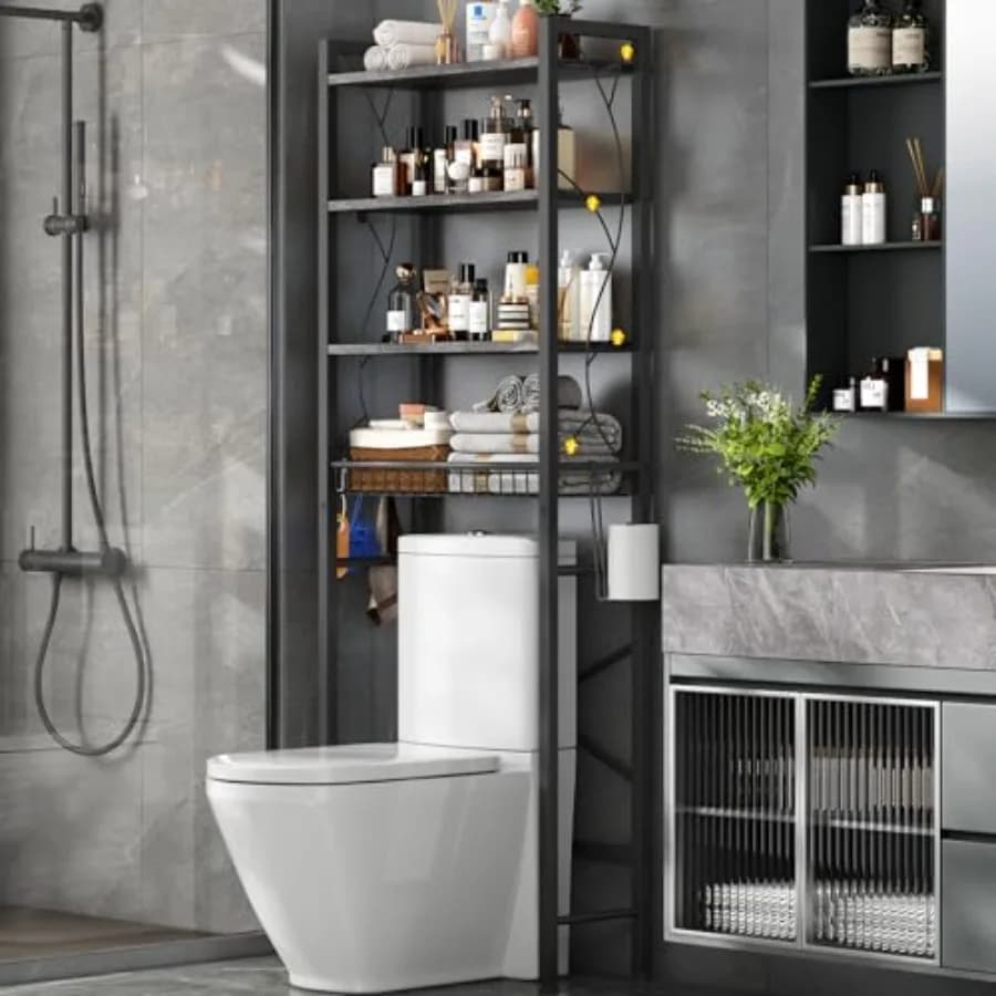 4-level bathroom shelf with adjustable shelves and basket, self-supporting space