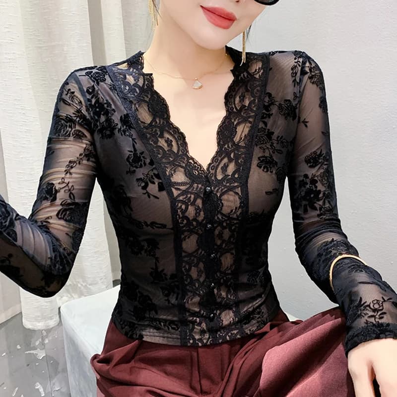 Autunno Inverno Nuove Donne Magliette Moda Sexy Scollo A V Floccaggio Scava Fuori Top In Pizzo M-3XL Elegante Sottile T-Shirt Nera