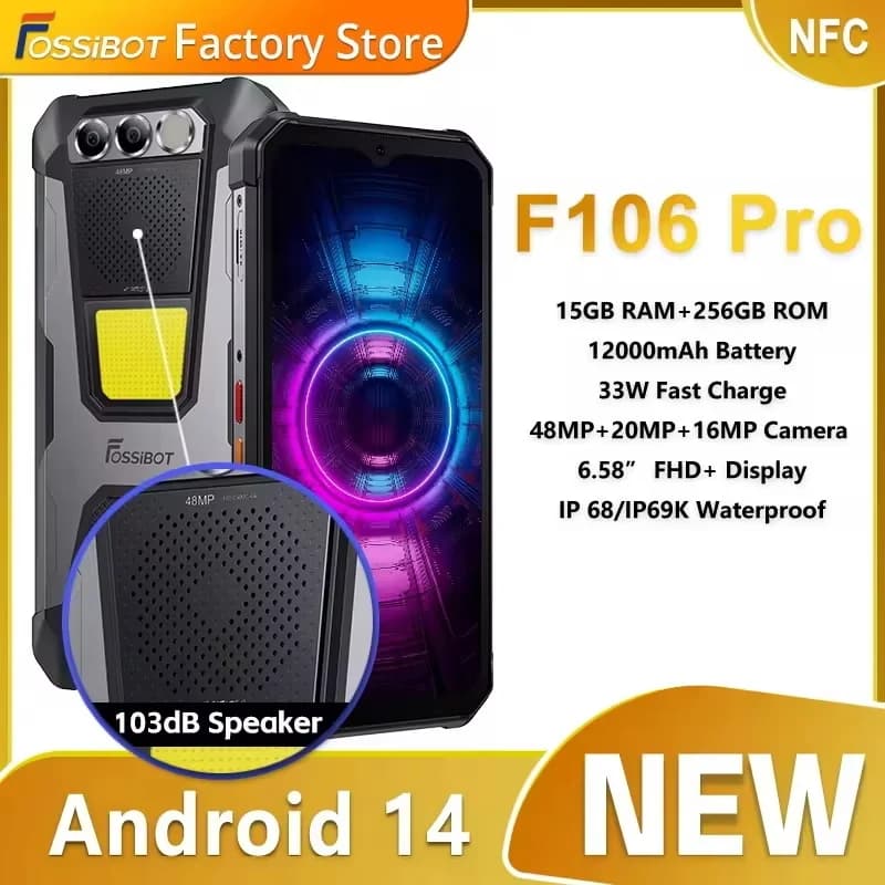 FOSSIBOT F106 PRO MTK G85 4G Android 14 15GB(8+7GB esteso) 256GB ROM Smartphone robusto Batteria 12000mAh Fotocamera 48MP NFC