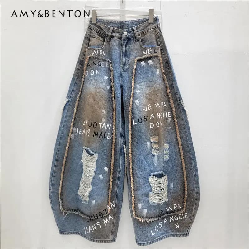Jeans Y2K da donna a gamba dritta, lavati, casual, larghi, con design a lettere strappate, versatili, nuova moda estate 2026