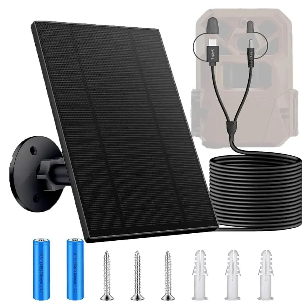 Spedizione Gratuita - Pannello Solare per Fotocamera da Caccia con Batteria 4AH, Porta USB-C e DC 2 in 1 da 6V, Cavo di Ricarica da 3 Metri, Impermeabile IP66