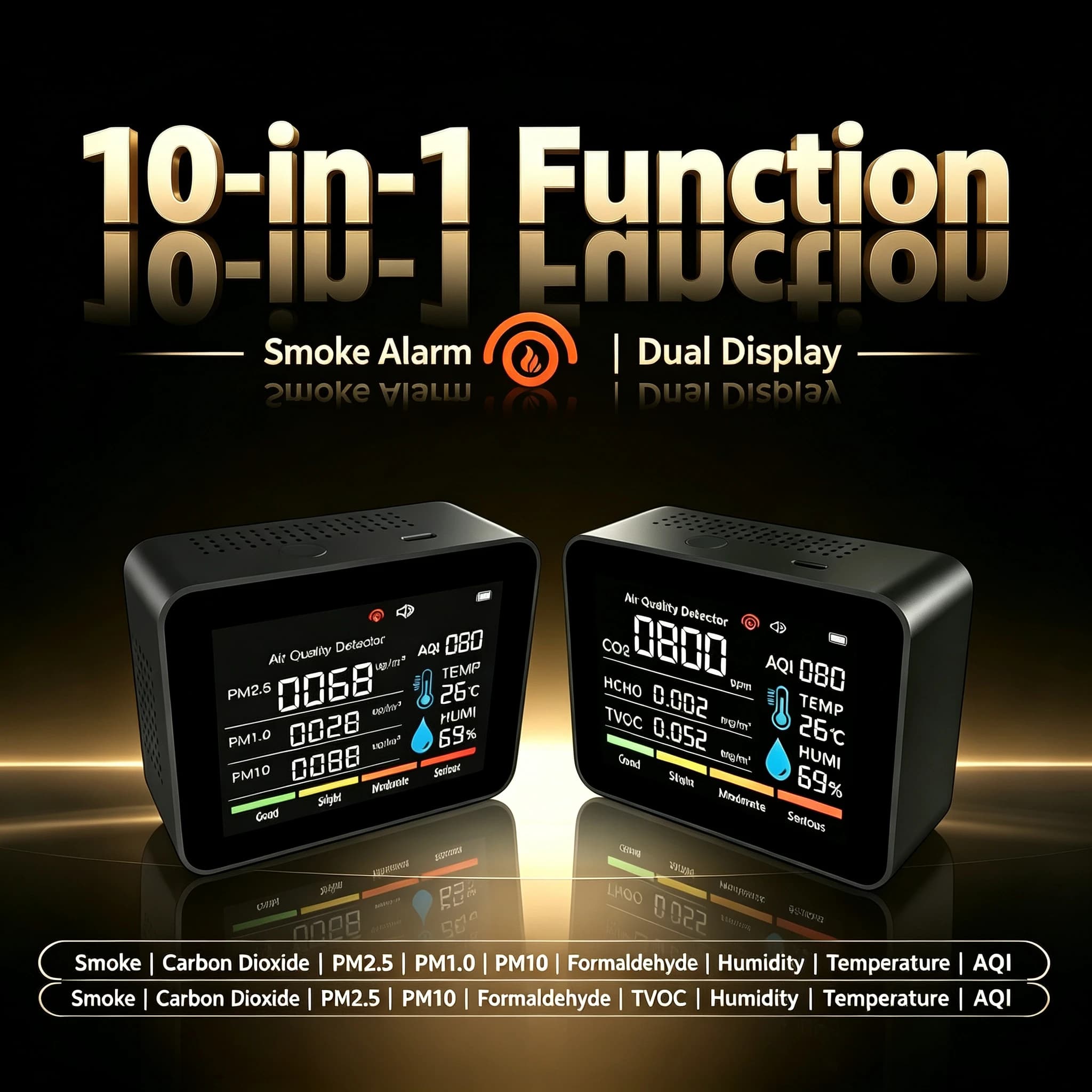 10 in 1 functional air quality detector, smoke alarm, CO2、PM2.5、AIQ、 Formaldehyde TVOC、 Temperature and humidity detector