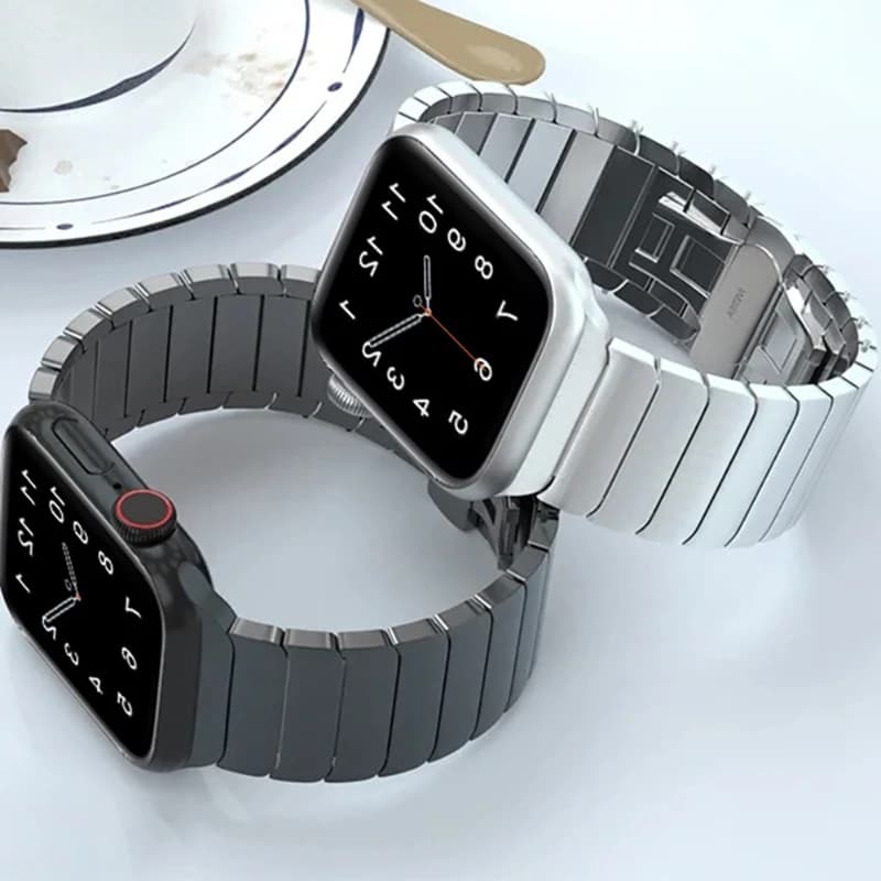Solid Stainless Steel Strap for Apple Watch Series Butterfly Buckle Luxury Stainless Steel Strap with One Pearl