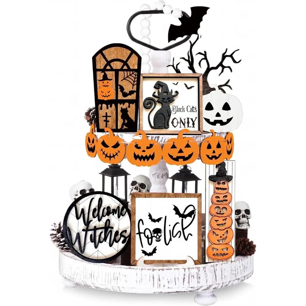 Halloween Pumpkin Tiered Tray Decor Jack O Lantern Black Cat Tree Wooden Signs Bat Bead Garland Rustic Gothic Halloween Decorati