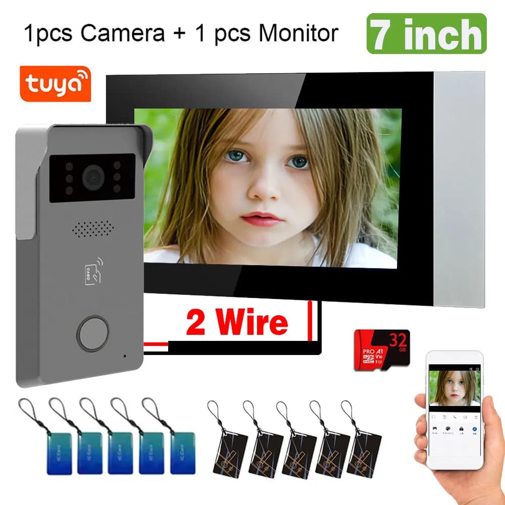 Sistema Videocitofonico Digitale a 2 Fili con Monitor Wireless WIFI da 7 Pollici, Videocitofono 1080P, Campanello Video con Sblocco Tramite App Tuya e Scheda IC