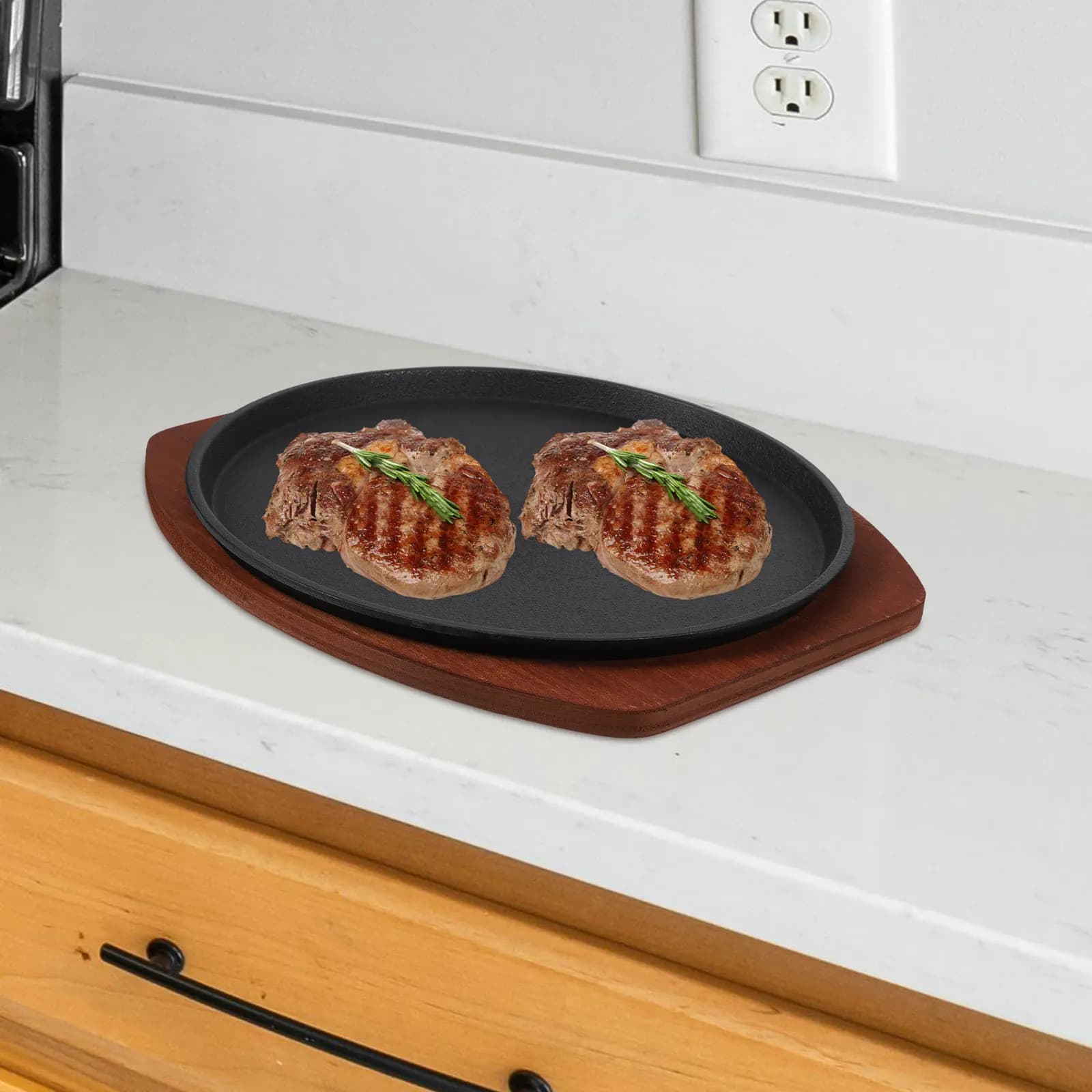 Iron Steak Pan with Wooden Serving Board Heavy Duty Grill Skillet for Barbecue Roasting and Serving