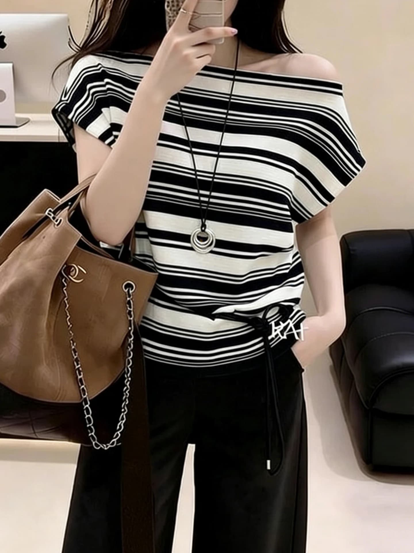 Elegant Striped Shoulder T-Shirt Comfortable Short Sleeve Fashionable Unique Slimming Top for Women Spring Autumn Season