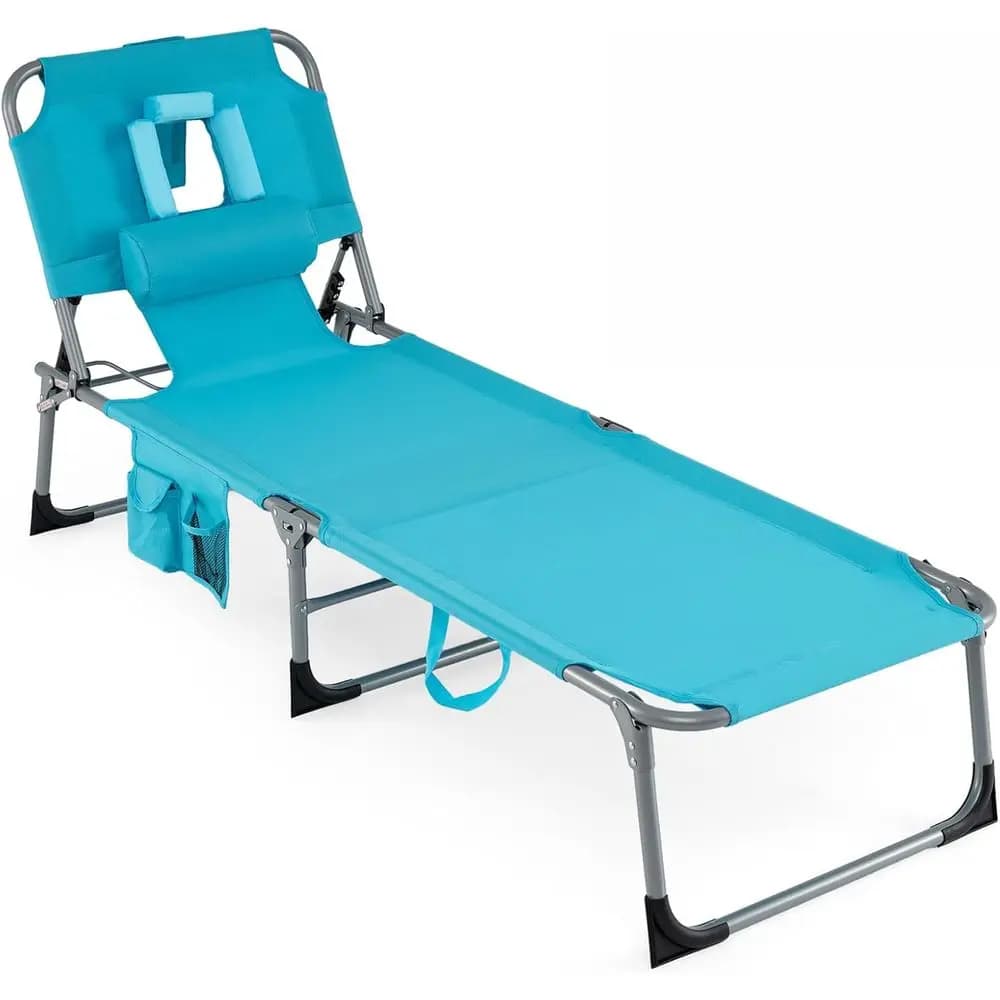 Turquoise Adjustable 4-Position Beach Lounge Chair with Pillow and Side Pocket, Ideal for Outdoor and Camping