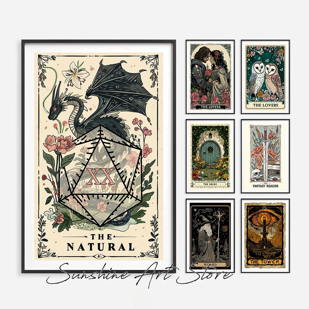 Poster Artistico su Tela con Carte dei Tarocchi Fantasy, Stile Boho Celestiale e Mistico, Decorazione Murale per la Casa