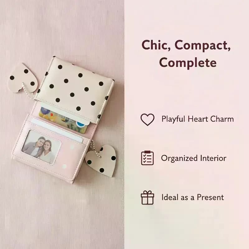 Cute Polka Dot PU Leather Wallet With Heart Pendant Large Capacity For Daily Use Casual Outings Shopping