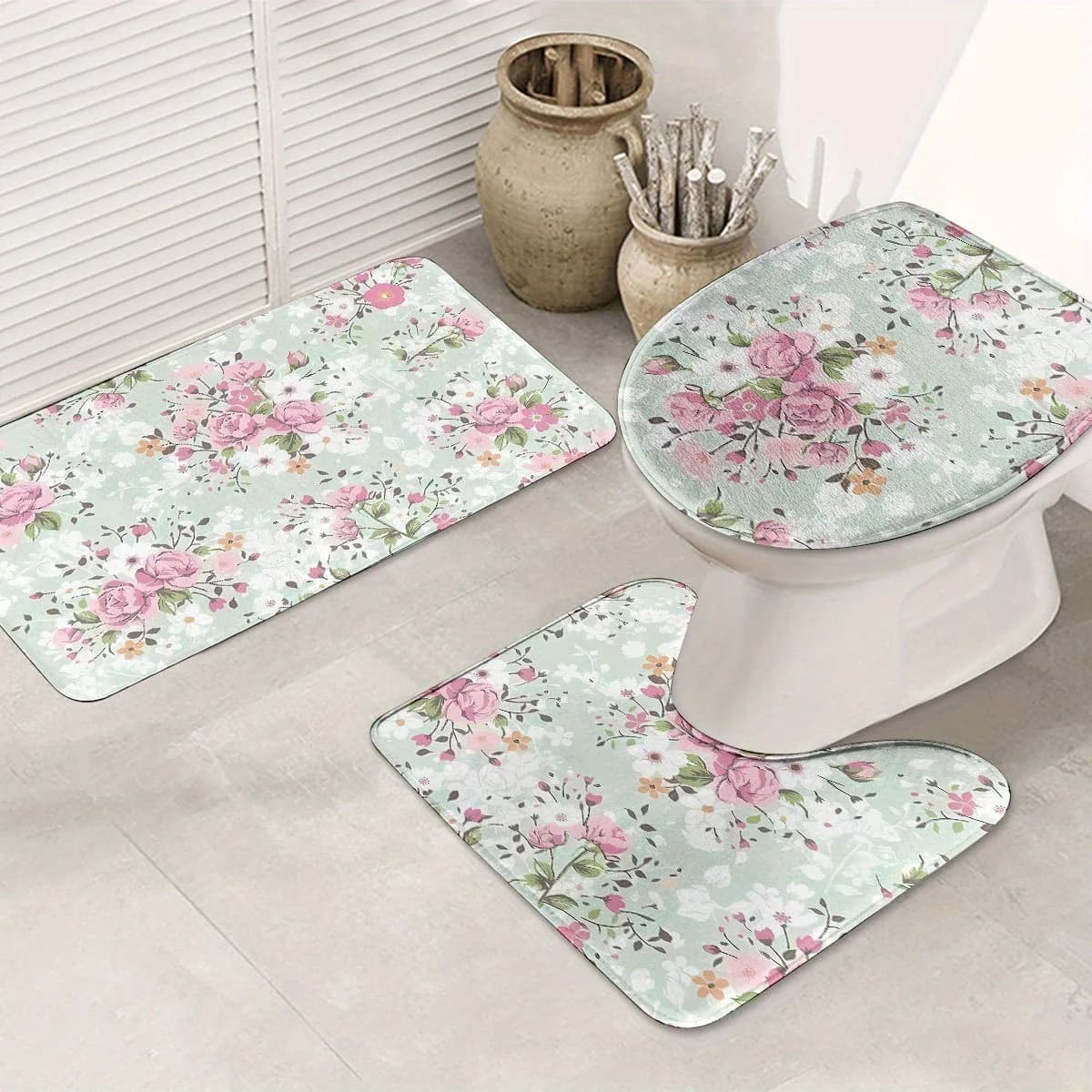 Set da bagno Romantic Rose da 3 pezzi, tessuto in poliestere, lavabile in lavatrice, tappetino a U, tappetino da bagno, coprisedile per WC