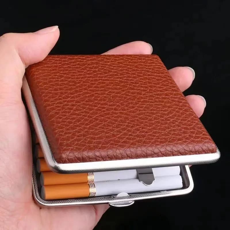 Metal cigarette holder 20 pieces leather model portable slim smoke box with elastic clip design durable anti-pressure for men