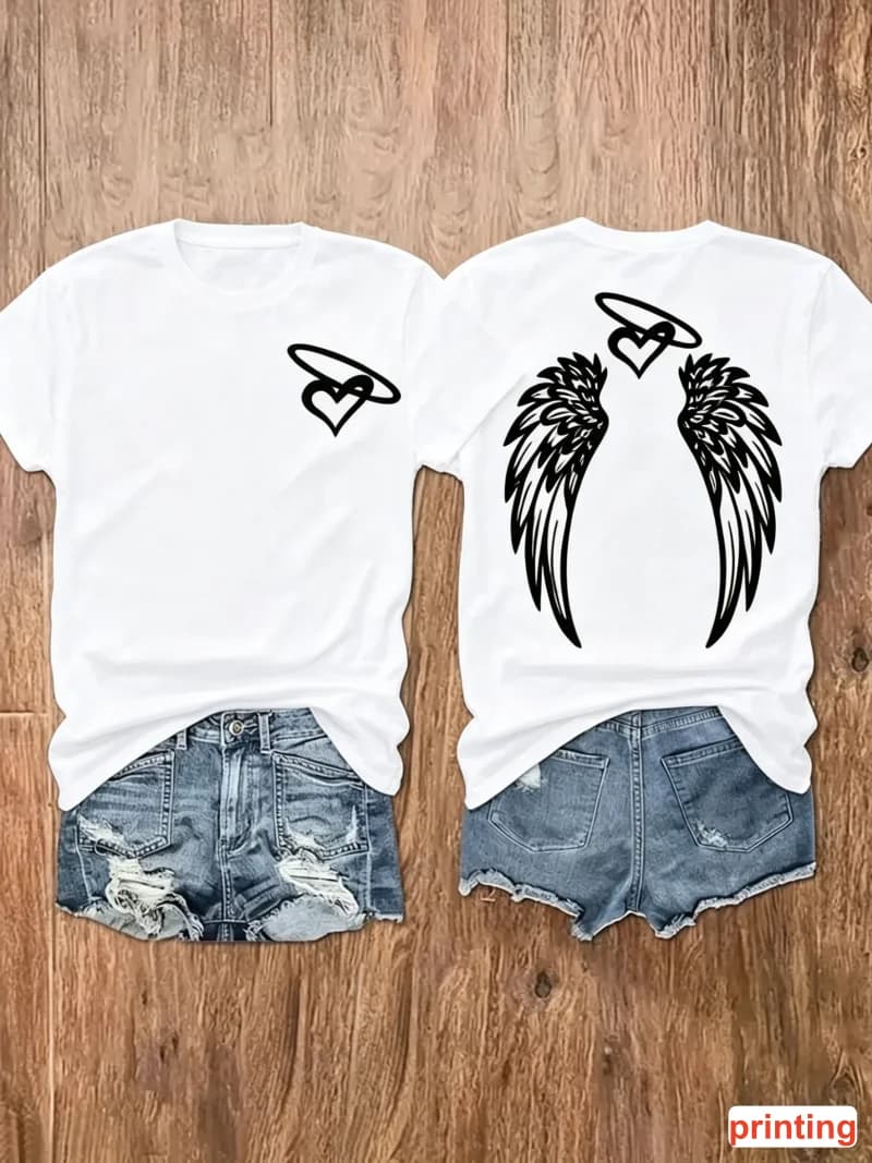 T-shirt con stampa ali d'angelo sul retro, girocollo, manica corta, con grafica a forma di cuore, per un look casual, da esterno, quotidiano, per le vacanze, stile street.